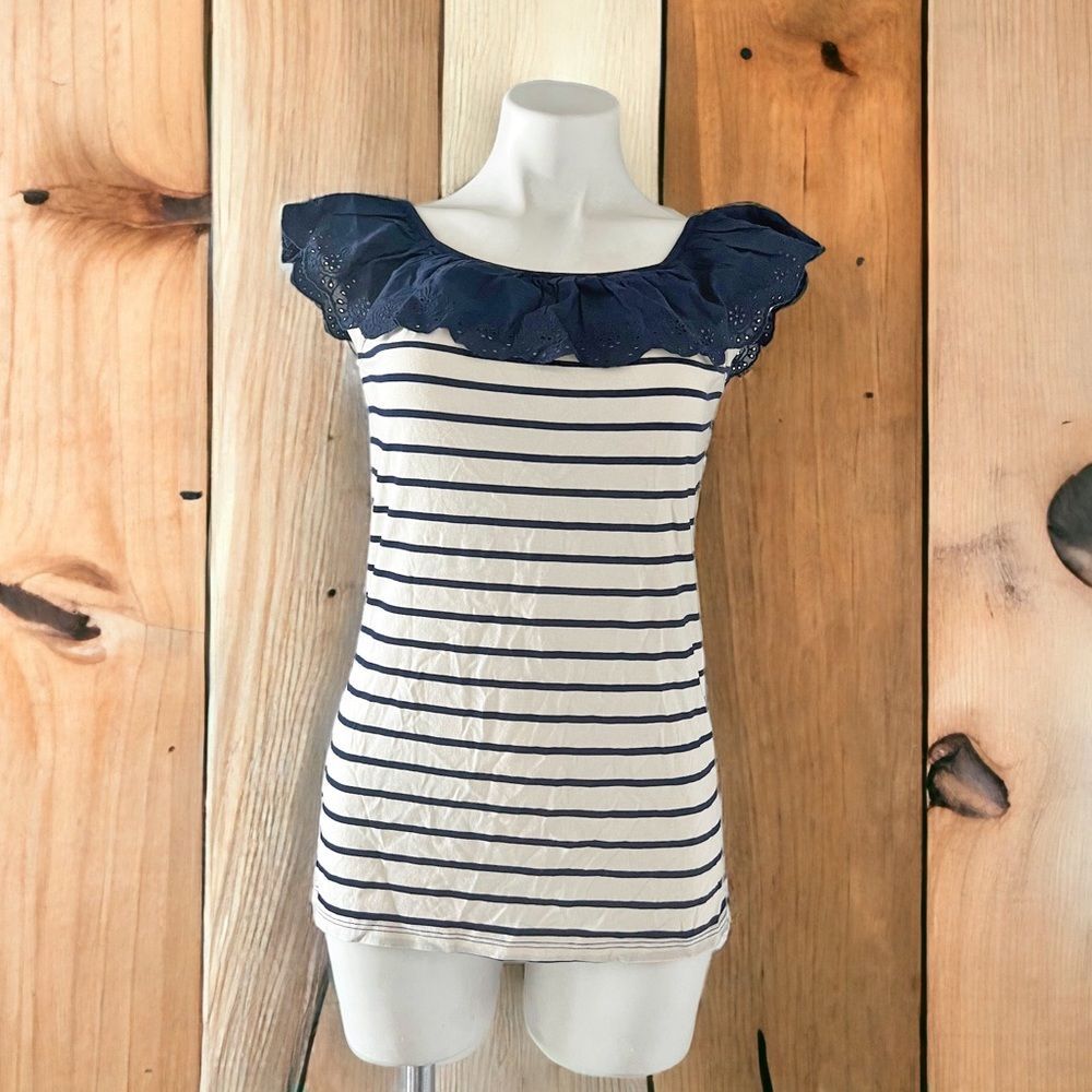 Lauren Ralph Lauren Striped Eyelet Ruffle Top, Cap Sleeve Round Neck Size XL NWT - Picture 8 of 14